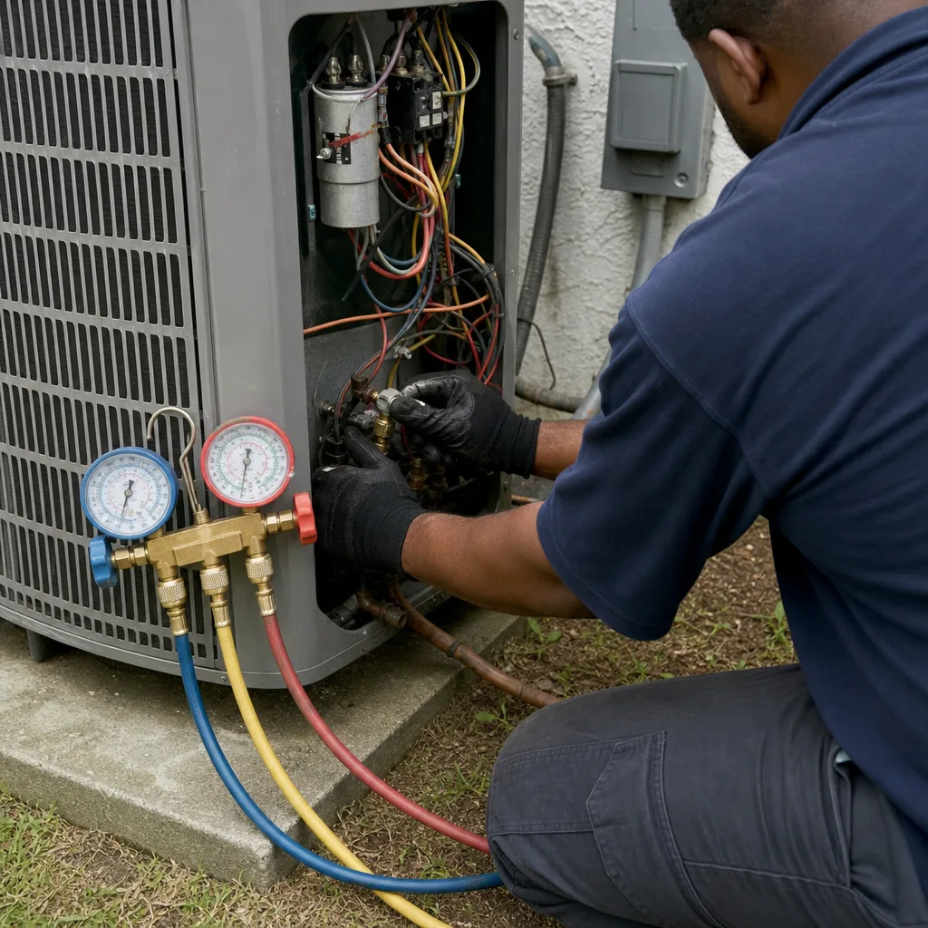 HVAC technician performing professional AC repair and maintenance on an outdoor unit