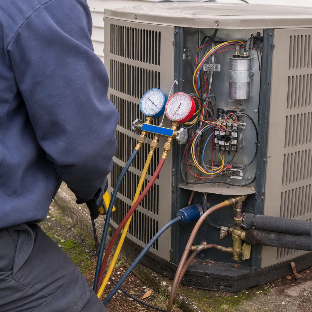 HVAC technician performing professional AC repair on an outdoor condenser unit