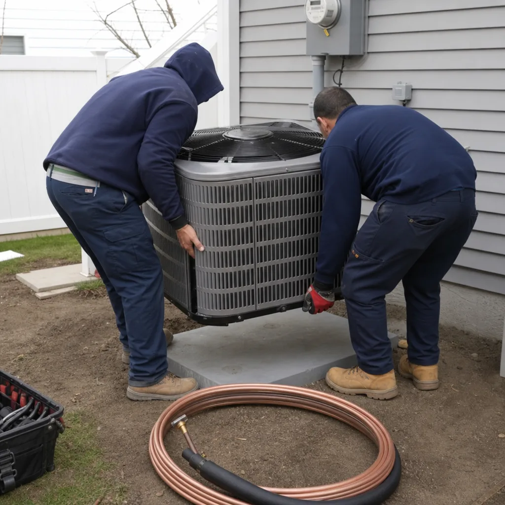 Two professional HVAC technicians installing a residential air conditioning unit