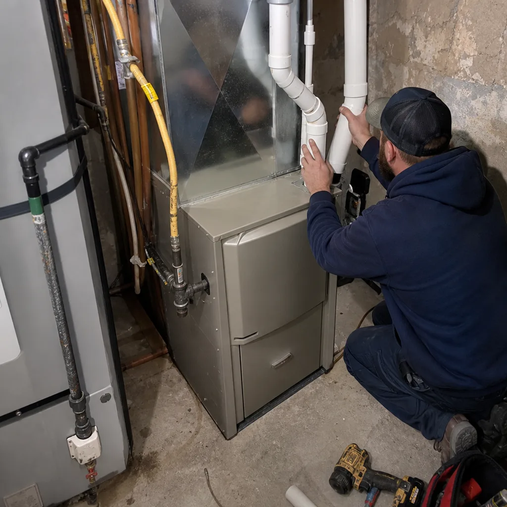 HVAC technician performing furnace repair and maintenance on a home heating system