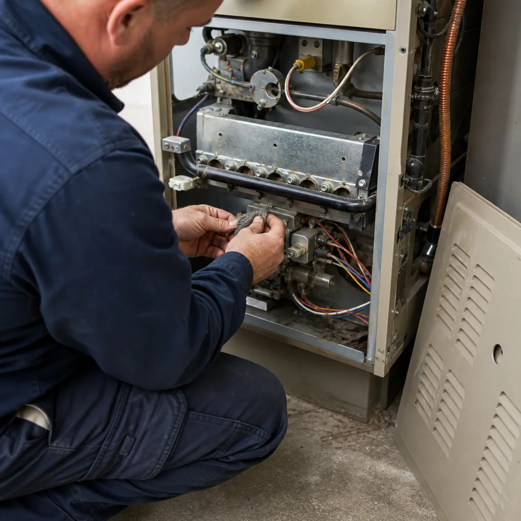HVAC technician performing professional furnace repair and maintenance