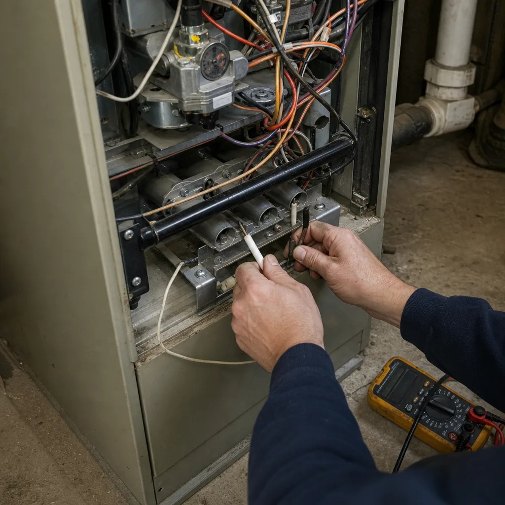 HVAC technician performing furnace repair and diagnostic testing on a heating unit